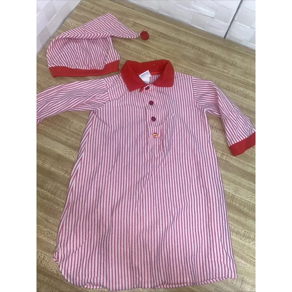 80s 2 Pc Olexis Baby Infant Red White Striped Gown Cap 18-25 Lbs USA